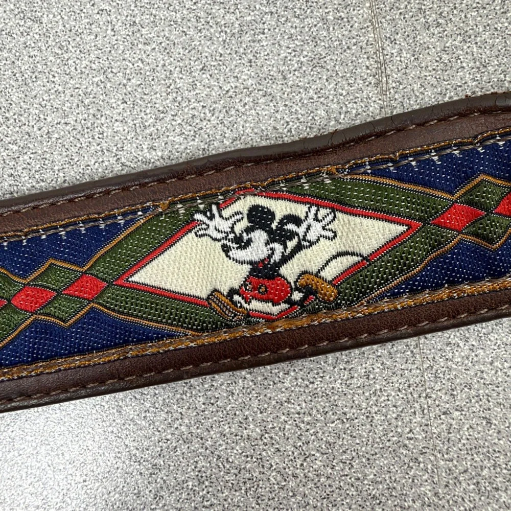 Disney Belt Mens 32 Brown Mickey Mouse Argyle Needlepoint Leather Brass Buckle